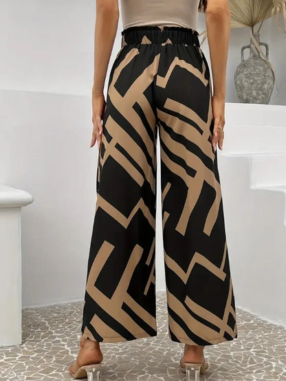 Women's High Waist Geometric Print Wide Leg Pants Bow Tie Casual Long Pants Elegant Streetwear
