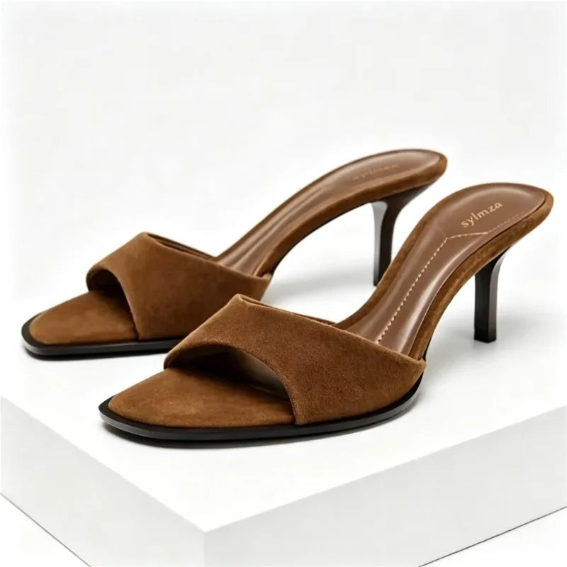 High Quality Brown Satin Slippers Women Fashion Pointed Toe Thin Heel Slide Sandals Comfort Concise Designer Shoes Zapatos Mujer