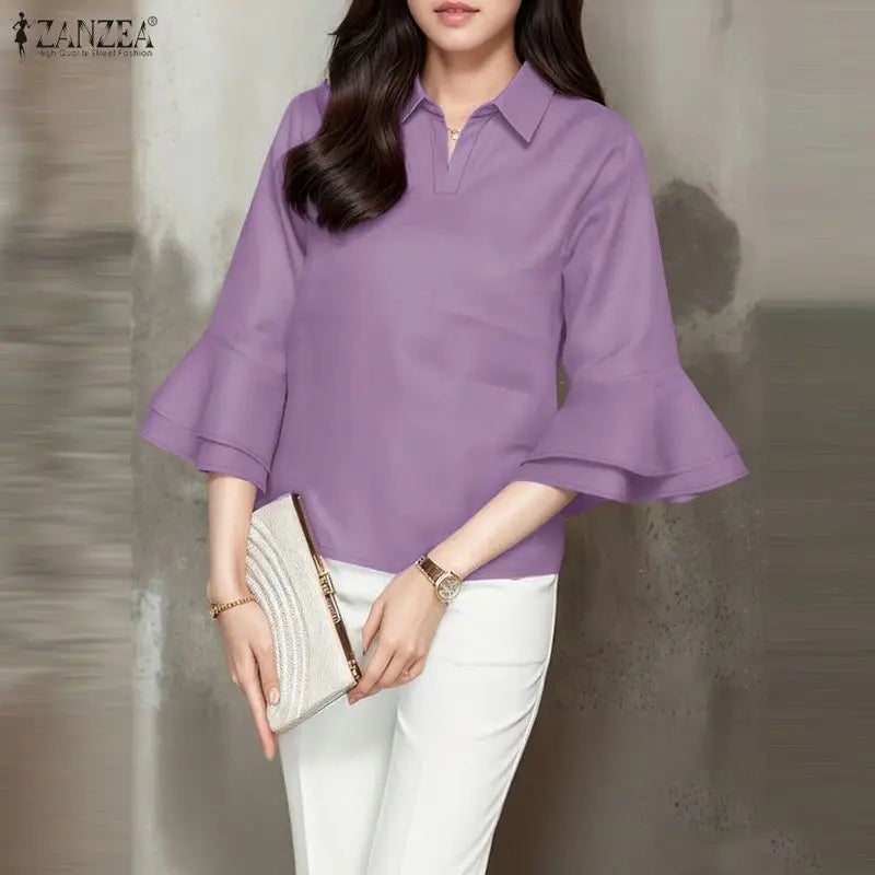 ZANZEA Elegant Layered Flare Sleeves Blouses Women's Casual Turn-Down Collar Solid Color Blouse Spring Summer Fashion Woman Tops