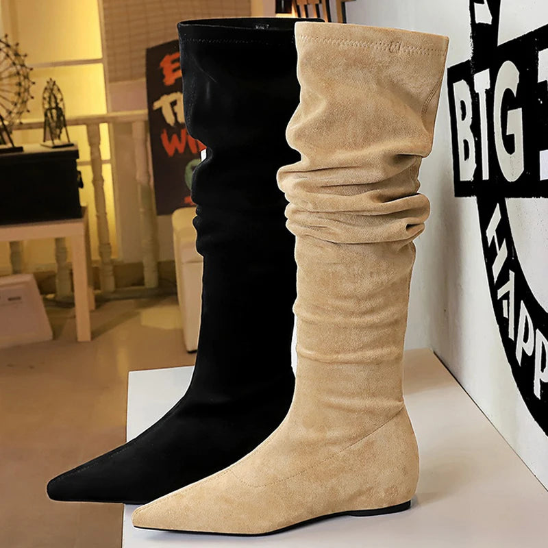 BIGTREE Shoes Women Over-the-knee Boots Side Zipper Pleated Long Boots Flat Heeled Boots Women Shoes Suede Autumn Winter Boots