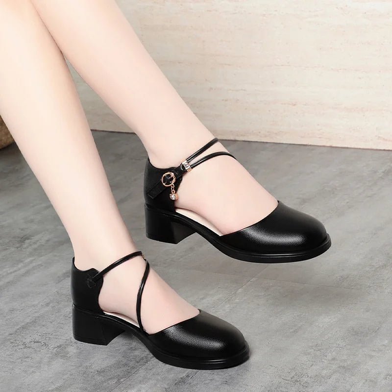 2025 New Sandals Women's Mid-Heel Soft Leather Shoes Thick Heel Summer One-Button Hollow Comfortable And Elegant Mother's Shoes