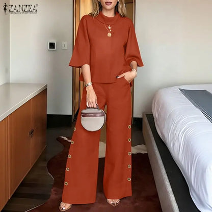ZANZEA Women Casual Loose Pant Suits Wide Leg Pant & 3/4 Sleeve Blouse 2 Pieces Sets Summer Daily Solid Color Pant Sets Outfits