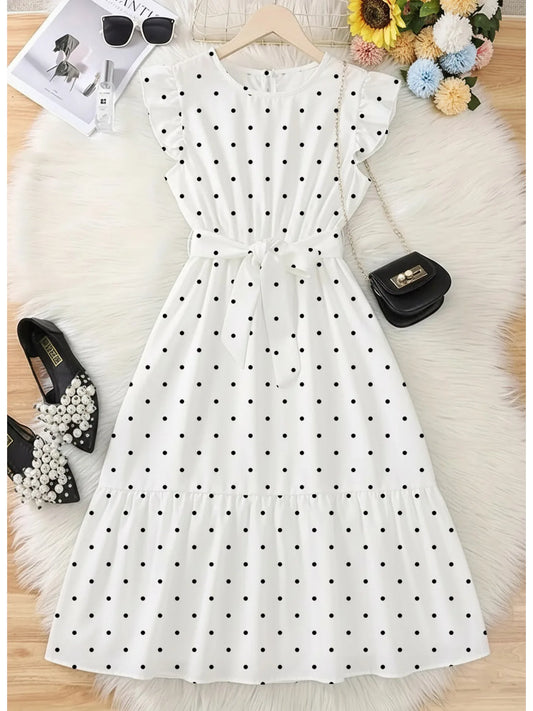 Casual and elegant summer girls' comfortable polka dot round neck ruffle sleeves cinched waist lace up dress long skirt