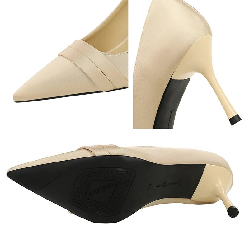 BIGTREE Shoes Silks Satins Women Pumps Fashion High Heels Sexy Party Shoes Pointed Tip Pumps Woman Stilettos 8 cm Heels Lady