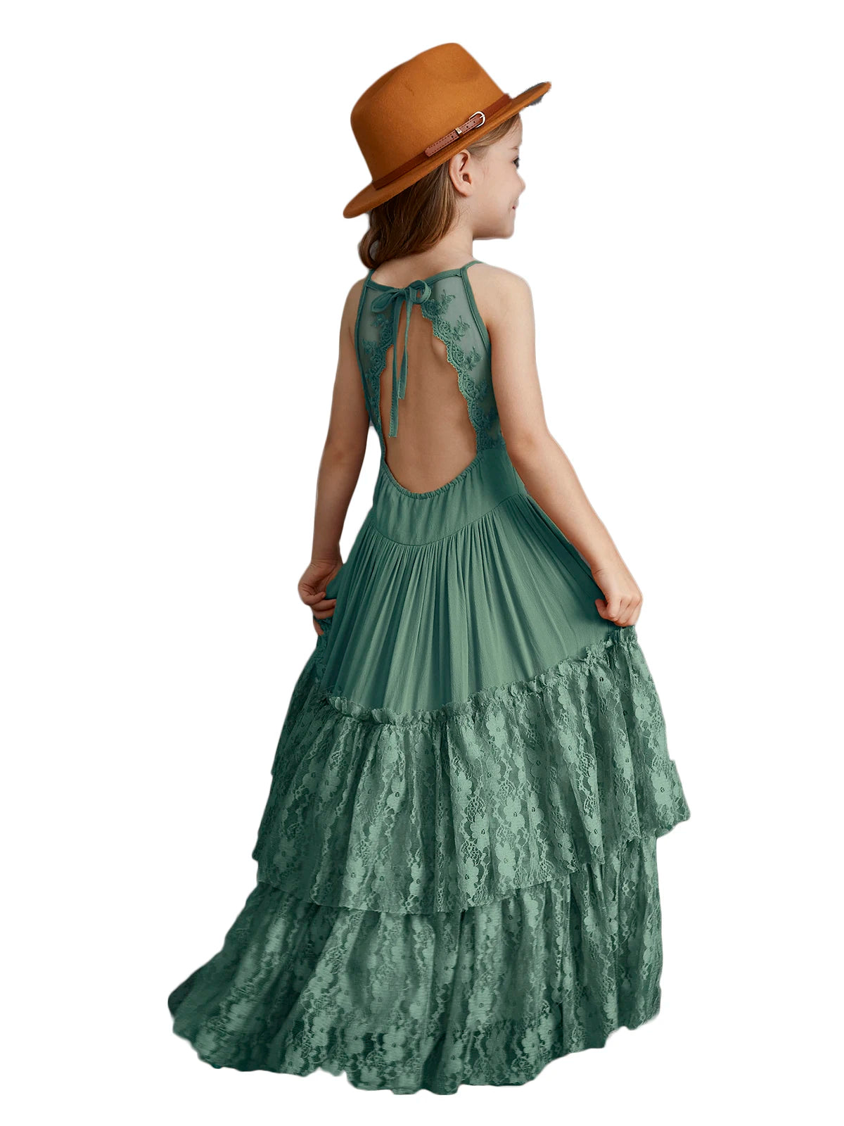 Big Girls Flower Wedding Party Backless Chiffon Dress Princess Kids Bohemia Lace Long Dresses Vestidos Clothing For 3-15 Years