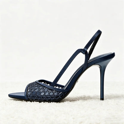 Novelty Blue Mesh-Weave Detail Heeled Sandals Women Stilettos High Heels for Ladies Summer Elegant Ankle-Wrap Designer Shoes