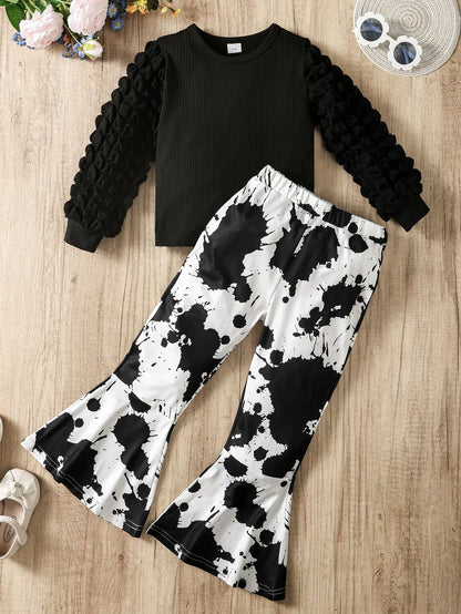 Girls 2pcs Set with Spliced Popcorn Bubble Sleeve Top & Black And White Spotted Cow Print Flared Trousers Winter Casual Outfit