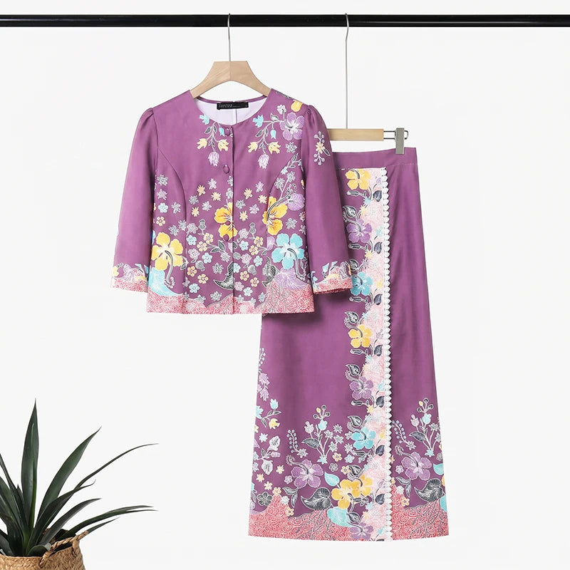 ZANZEA Women's Elegant Floral Print 2 Pieces Matching Skirt Sets 3/4 Sleeve Blouses & Maxi Skirts Suits Office Lady Outfits 2pcs