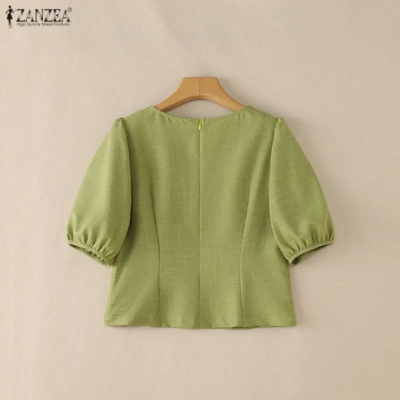 ZANZEA Summer Short Sleeve Tops Fashion Women Blouses Puff Sleeve Tee Streetwear OL Work Casual Blusas Oversize Tunic S-3XL