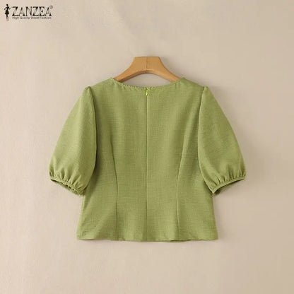 ZANZEA Summer Short Sleeve Tops Fashion Women Blouses Puff Sleeve Tee Streetwear OL Work Casual Blusas Oversize Tunic S-3XL