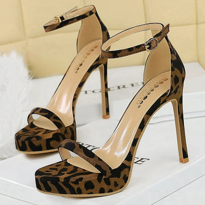 BIGTREE Shoes Leopard Suede Heeled Sandals Women Shoes Sexy Party Shoes Peep Toe High Heels Stiletto 11 cm Buckle Ladies Shoes