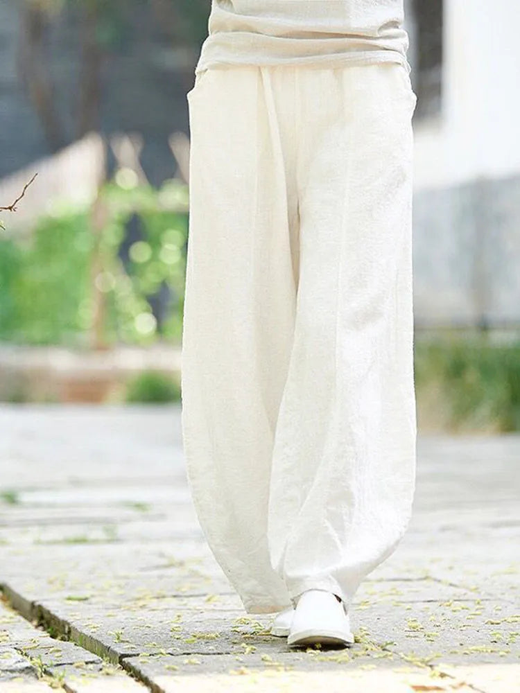 2024 Cotton Linen Bloomers Wide Leg Pants Women Vintage Full Length Fashion Elegent Pants Solid Elasitic Waist Spring Autumn 5XL