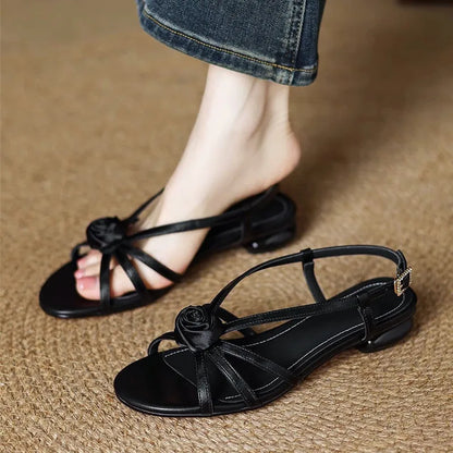 Fashion Floral Decorated Roman Sandals Women Summer Comfortable Square Heel Flats Women Elegant Ankle-Wrap Designer Flat Sandals