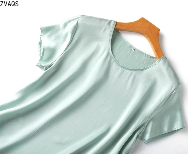 ZVAQS 100% Mulberry Silk T Shirts Woman Elegant Satin T Shirt 27 Colors High Quality Silk Summer Tops 2025 Women Clothing Топ