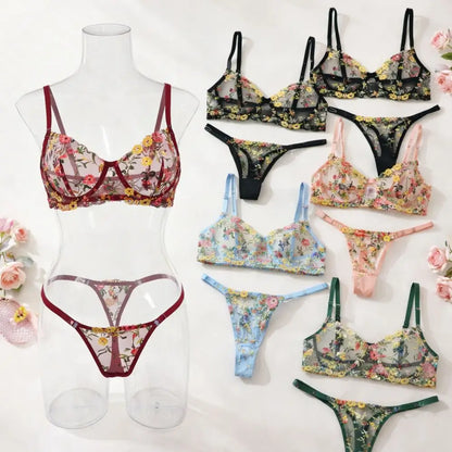 2-Piece Fashion Floral Lingerie Set Embroidery Sheer Underwear Intimates Underwire Push-up Versatile Bra Panty Set For Lady Girl