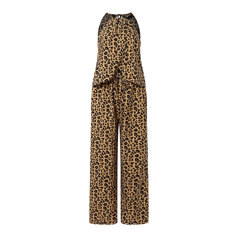 Stylish Women 2 Pieces Sets Leopard Print Holiday Outfits ZANZEA Summer Halter Sleeveless Tanks Tops Beach Pant Sets Streetwear