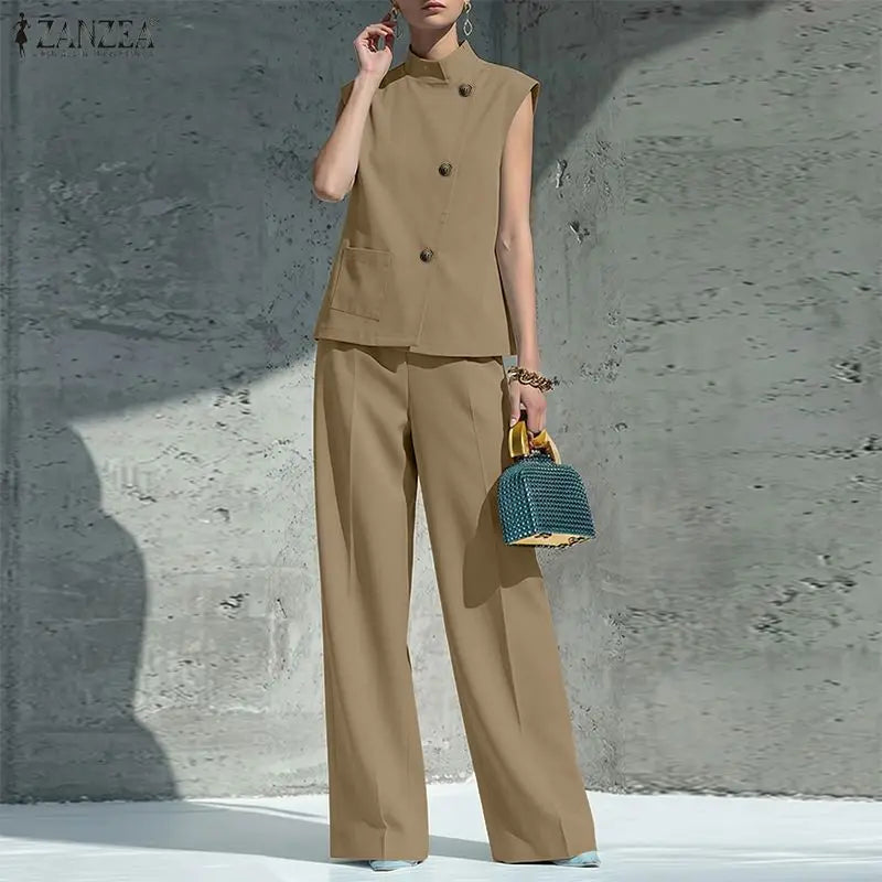 ZANZEA Summer Outfits Sleeveless Stand Neck Blouse Wide Leg Pant Sets Stylish Women 2 Pieces Sets Solid Color OL Work Tracksuit