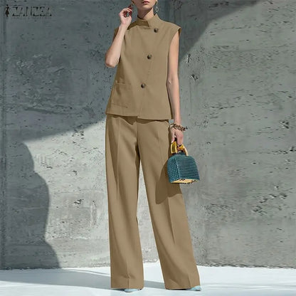 ZANZEA Summer Outfits Sleeveless Stand Neck Blouse Wide Leg Pant Sets Stylish Women 2 Pieces Sets Solid Color OL Work Tracksuit