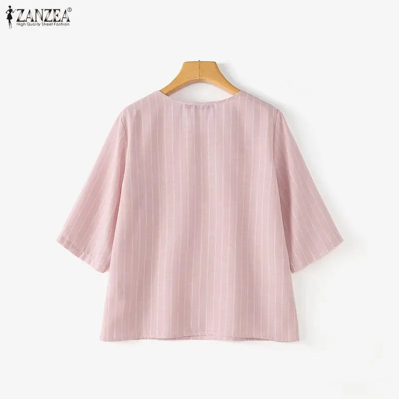 ZANZEA Casual Striped Blouses Woman Minimalist O-Neck 3/4 Sleeve Pocket Loose Tops Tunic Autumn 2026 Daily Wear Blusas Mujer