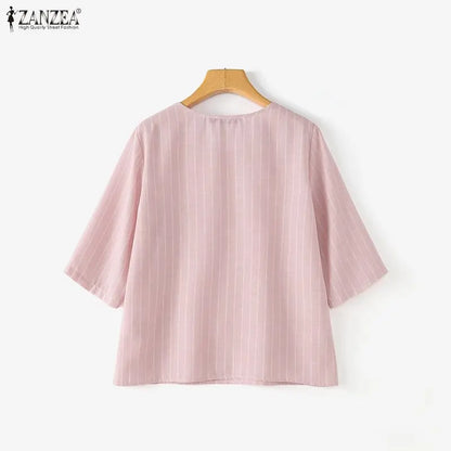 ZANZEA Casual Striped Blouses Woman Minimalist O-Neck 3/4 Sleeve Pocket Loose Tops Tunic Autumn 2026 Daily Wear Blusas Mujer