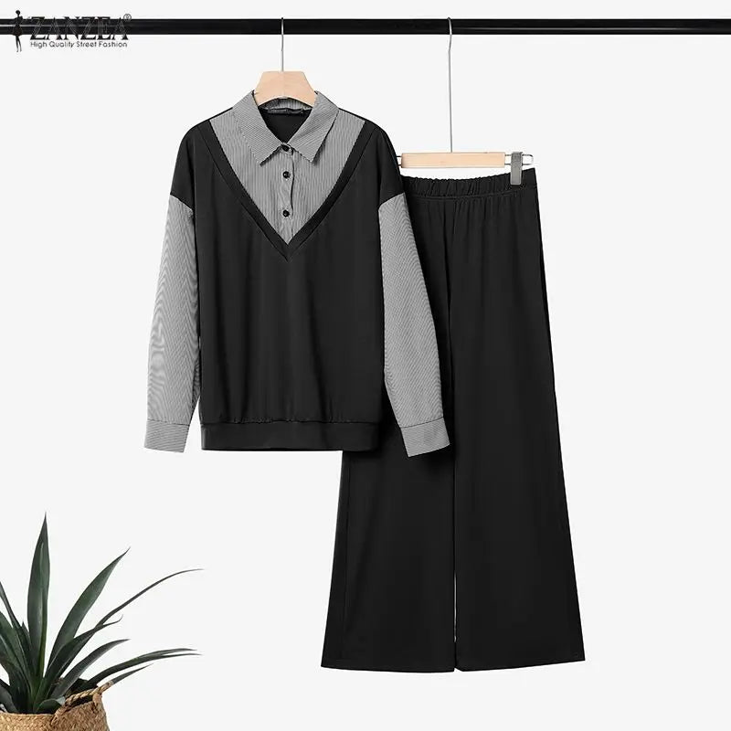 Autumn Outfits ZANZEA Women Casual Long Sleeve Stripe Patchwork Tops Shirt Elastic Waist Trousers Suit Muslim Matching Sets