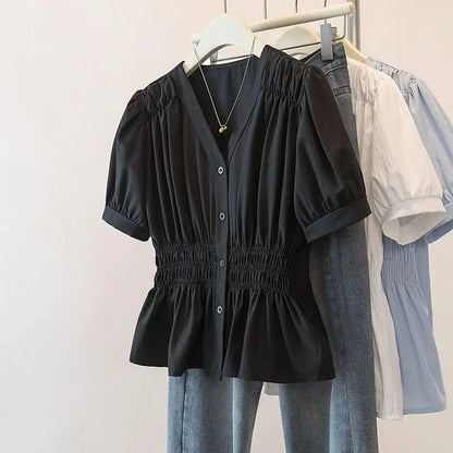 200 Pounds Plus Size Elastic Waist Office Lady Trend Shirt And Blouse Solid Color Top Women Clothing V-neck French Chic Basics