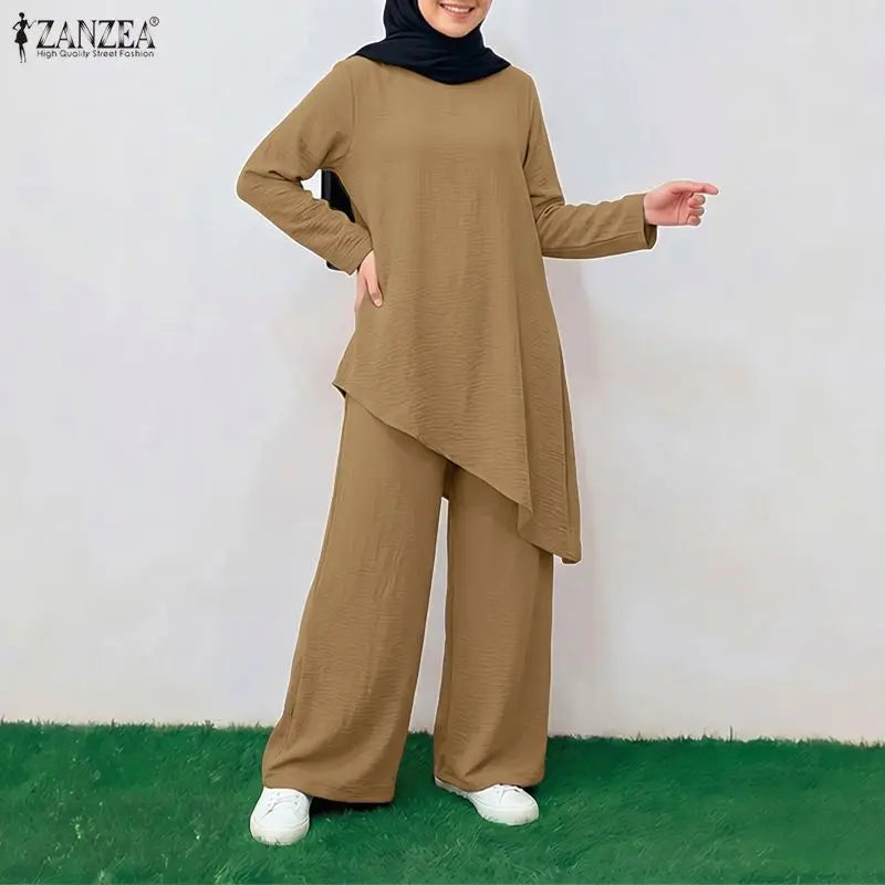 Ramadan Muslim Sets Outfit ZANZEA Modest Women 2 Piece Sets Casual O Neck Long Sleeve Tops Pant Sets Irregular Abaya Kaftan 2026