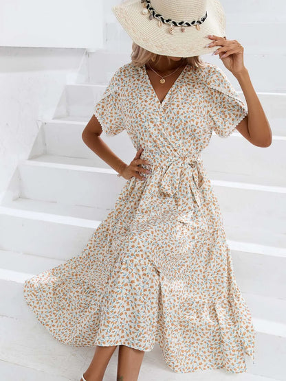 Women's Retro Floral Lace-up Short Sleeves Dresses 2025 Summer New Casual Vacation Ladies Lace V-neck Slit A-line Midi Dress