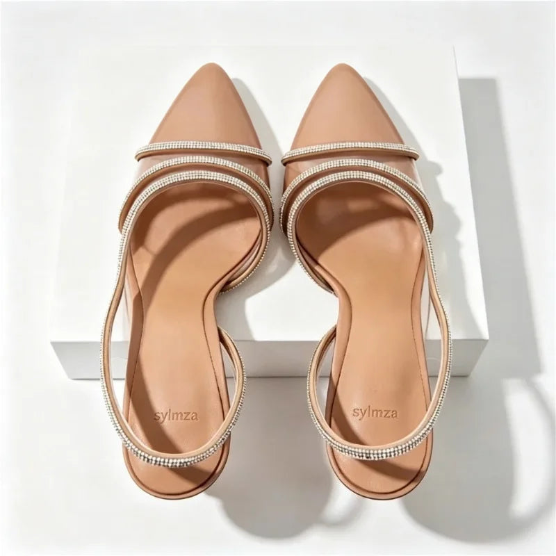 Shiny Crystal Decoration Slingback Heels Women Fashion Transparent PVC Stiletto Sandals Elegant Pointed Toe Wedding Bridal Shoes