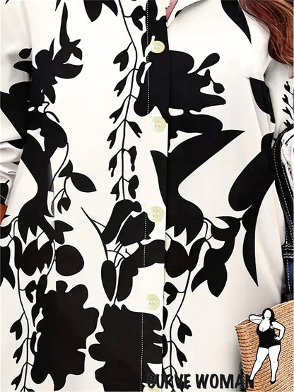 Large size women's autumn casual black and white long sleeves appointment printing long sleeves medium length, realize the mouth