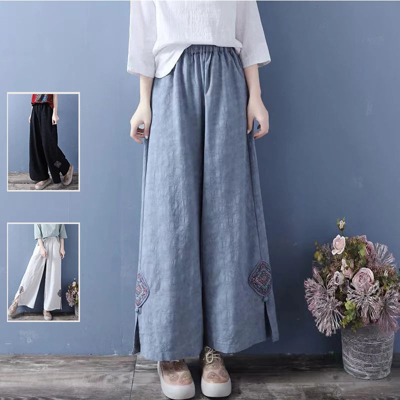 High Waist Straight Leg Cotton Linen Patchwork Embroidered Wide Leg Pants Spring Summer Casual High Waist Long Trousers
