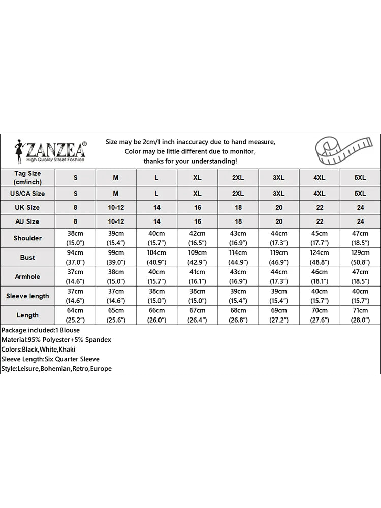 ZANZEA Fashion Stand Collar Blouse Woman 3/4 Sleeve Solid Color Tunic Tops Female Casual Loose Shirt Elegant Party Blusas Mujer