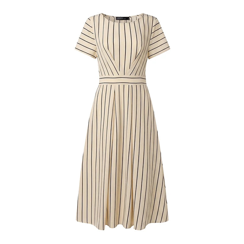 ZANZEA Fashion Women Short Sleeve Striped Sundress Summer OL Work Dress Elegant A Line Waisted Midi Robe Casual Holiday Dresses