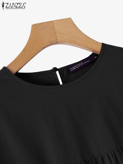 ZANZEA Summer Woman Breathable Cotton Blouses Long Sleeves O-Neck Tiered Tops Solid Color Casual Loose Blusas de Mujer 2026