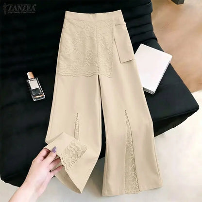 ZANZEA Women Wide Leg Pants Fashion Lace Patchwork Pant Casual Loose Long Trousers Elastic Waist Streetwear Oversized