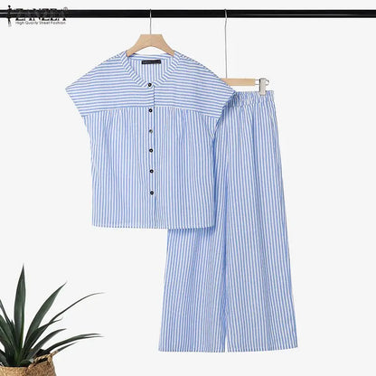 Summer Women Pant Sets Fashion ZANZEA 2PCS Stripe Two-piece Outfits Short Sleeve Tops Wide Leg Pants Streetwear Matching Sets