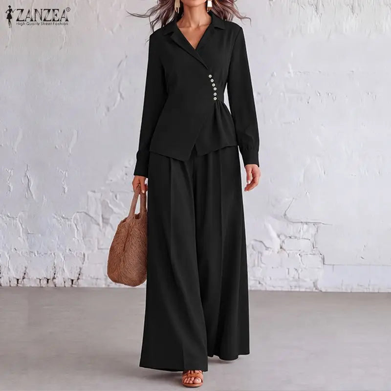 ZANZEA Casual Long Sleeve Tops Trousers Suit Autumn Outfits Office Women 2 Piece Sets Fashion OL Work Pants Sets Solid Tracksuit