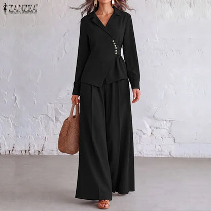ZANZEA Casual Long Sleeve Tops Trousers Suit Autumn Outfits Office Women 2 Piece Sets Fashion OL Work Pants Sets Solid Tracksuit