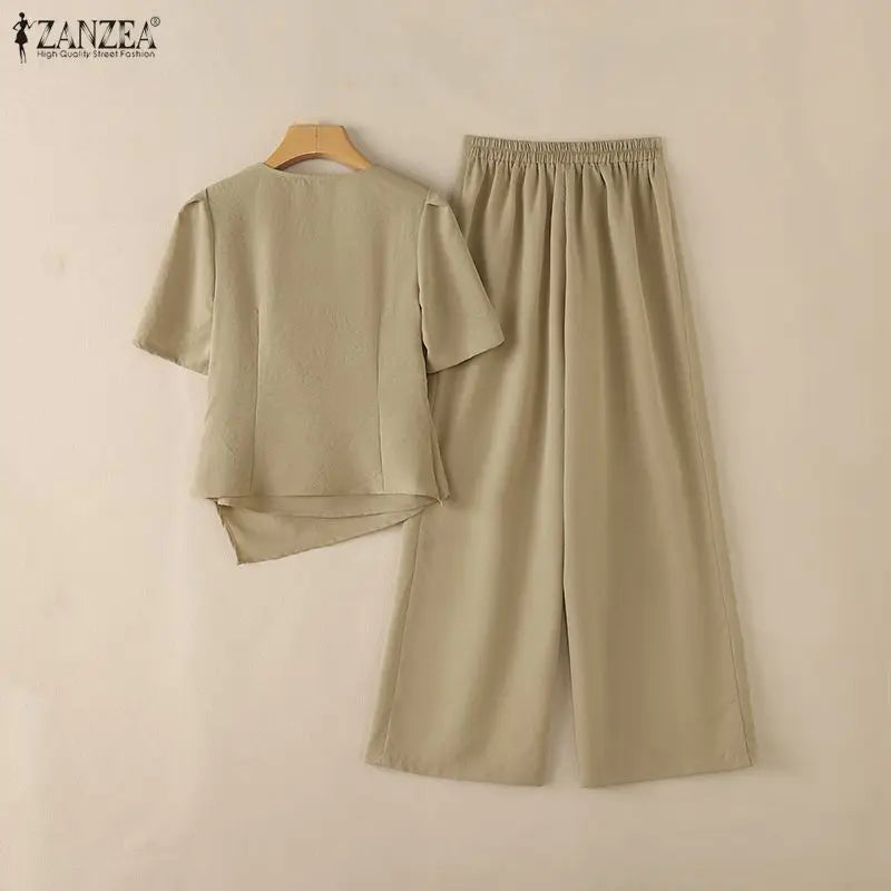 ZANZEA Women Elegant Chic 2pcs Pant Sets Short Sleeve Asymmetrical Blouses & Wide Leg Pants 2 Piece Suits OL Commute Outifts
