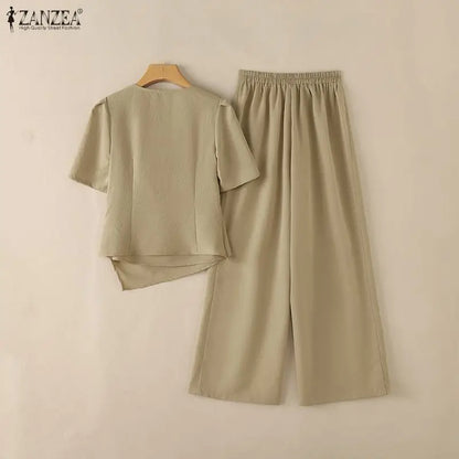 ZANZEA Women Elegant Chic 2pcs Pant Sets Short Sleeve Asymmetrical Blouses & Wide Leg Pants 2 Piece Suits OL Commute Outifts