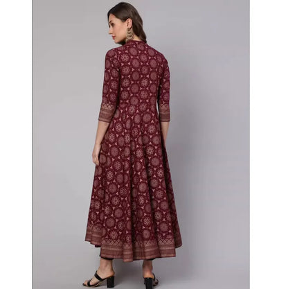 Spring/Summer Collection Indian Ethnic Style Silk Print Stand Collar Bordeaux Red Long Dress
