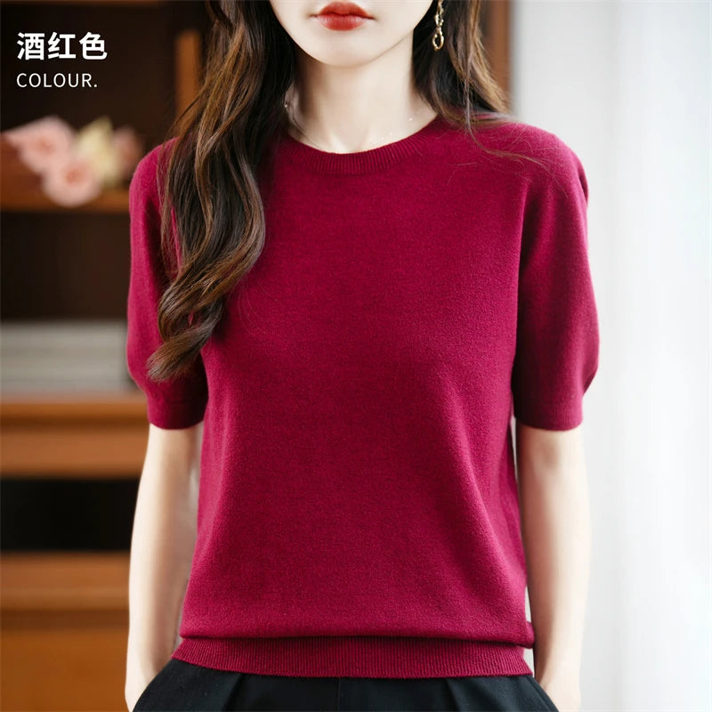 Autumn Women 100% Merino Wool Sweater O-Neck Cashmere Pullover Basic Fashion Short Sleeve Clothing Comfort Top Casual Solid