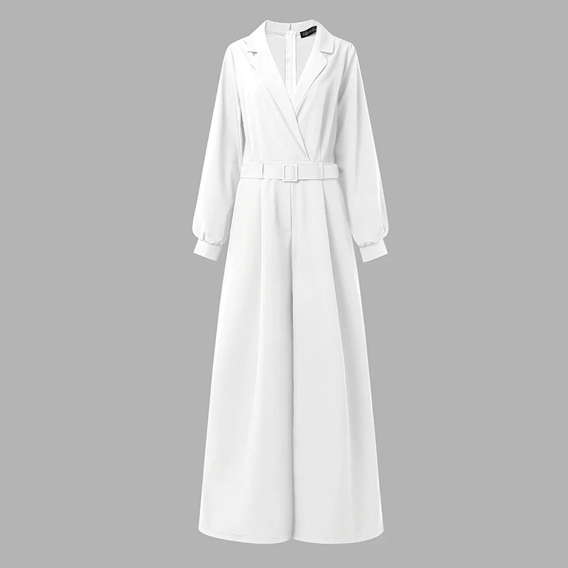 ZANZEA Women's Minimalist Jumpsuits Summer Lapel Neck Long Sleeve Belted Wide Leg Pant Overalls Elegant Office Work Playsuits