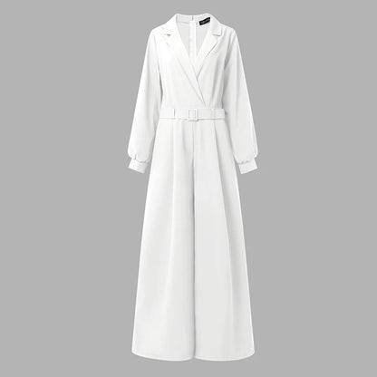 ZANZEA Women's Minimalist Jumpsuits Summer Lapel Neck Long Sleeve Belted Wide Leg Pant Overalls Elegant Office Work Playsuits