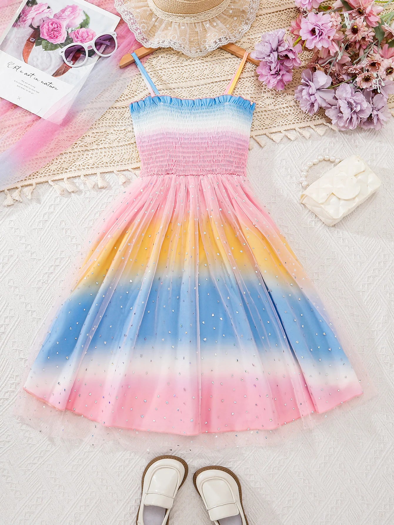 Girls Summer Gown Sweet Sleeveless Tulle Skirt with Gradient Color Sequin Mesh Gathered Strap Design for Outdoor Vacation