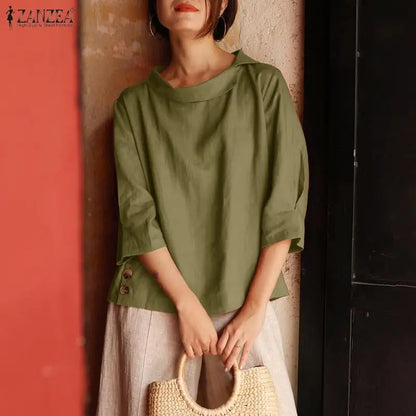 ZANZEA Woman Summer Blouses Irregular Turn-Down Collar 3/4 Sleeve Solid Color Tops Spring Summer Loose Casual Blusas de Mujer