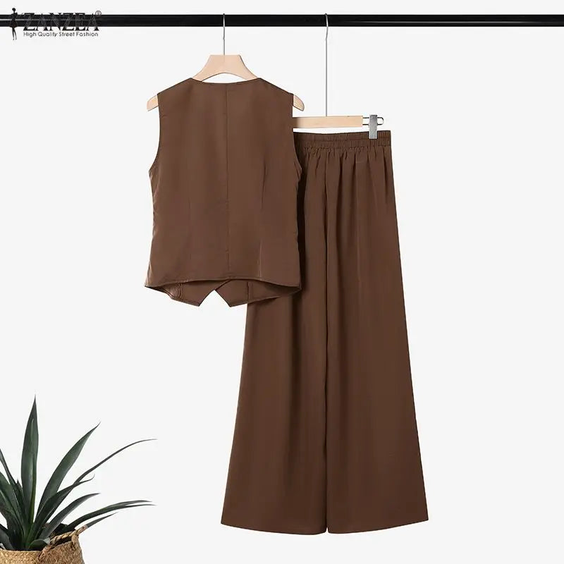 ZANZEA Women Casual Chic 2-Piece Pant Sets Sleeveless Wrapped Tops & Wide Leg Pants Matching Sets Office Lady Work Wear Co-ords