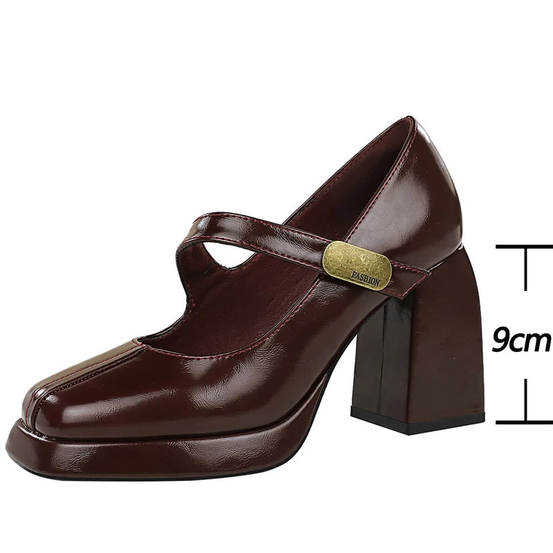 BIGTREE Shoes Retro Chunky Women Pumps Block Heel Women Shoes Metal Buckle Pumps Shoes Platform High Heels 9 Cm Female Shoes