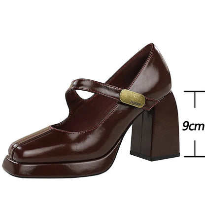 BIGTREE Shoes Retro Chunky Women Pumps Block Heel Women Shoes Metal Buckle Pumps Shoes Platform High Heels 9 Cm Female Shoes
