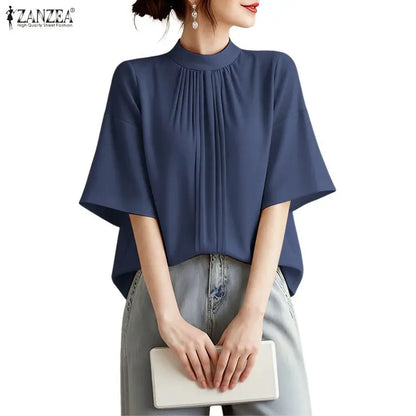 ZANZEA Elegant Loose Blouses Women's Stand Collar Half Sleeves Pleated Tops Summer Daily Casual Solid Color Blusas de Mujer